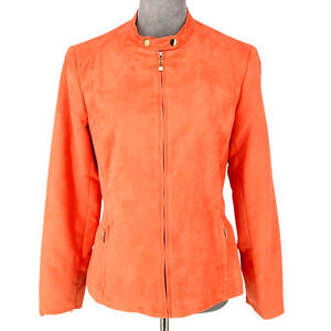 Evan Picone Jacket Womens 8 Orange Faux Suede Lined Zip Snaps Pockets Career